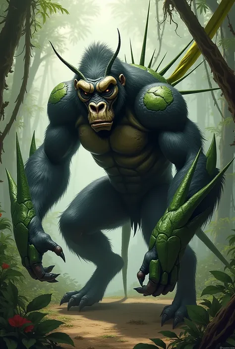 Create a fantastical hybrid creature that combines the powerful physique of a gorilla with the sharp, insectoid features of a praying mantis. The creature has the muscular torso and arms of a gorilla, covered in a mix of dark fur and chitinous green exoske...