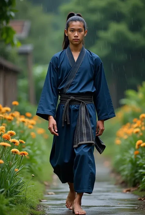 Fullbody, photography of javanese-arabian young handsom men, sixteen, ponytail hairstyle, yakuza, wearing traditional clot, with simpel sarong, blue-black color, walking front on the flowers yard, artist, best render, after rain, dynamic, bokeh, smooth