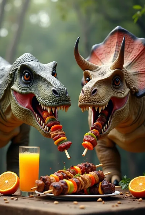 Tiranosourus and trex a eating kebap and drinking   
Orange juice