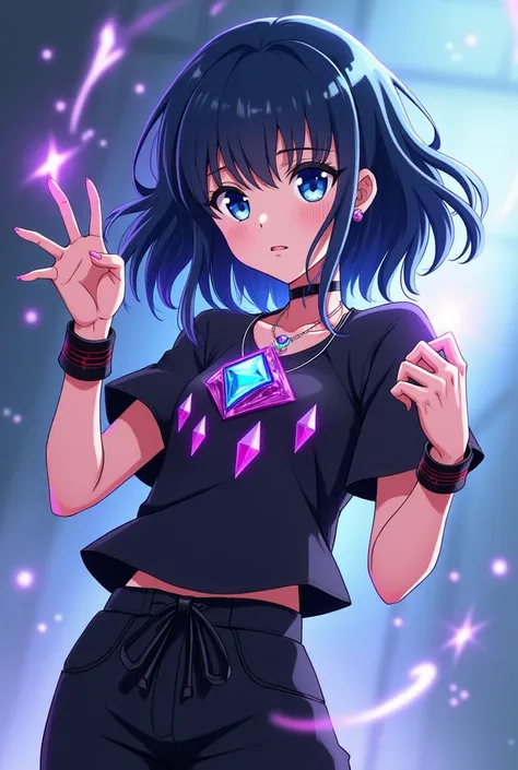  teenage girl , Japanese anime, blue eyes and shoulder-length black hair with blue and violet fringes and pollina,  black and red bracelets on both hands ,  color black with nails ,  plain black pants tied with diamond symbols ,  and blouse with blue pink ...