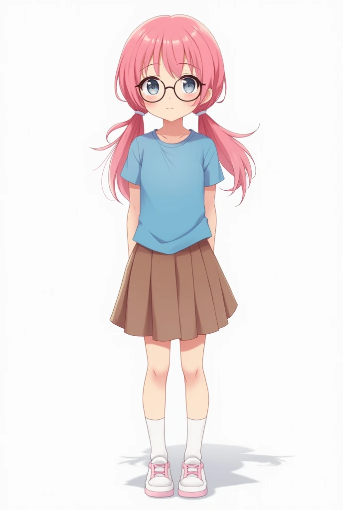  1 girl with pink hair in two low ponytails and bangs. blue t-shirt brown skirt glasses and white socks .  full-length girl on a white background 