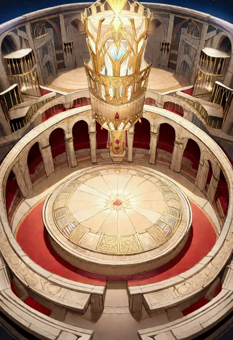 "((((A top-down 2D)))) view of a simple coliseum designed for a tabletop RPG. The central area is a circular sandy arena, clean and open, surrounded by solid stone walls. Beyond the walls, tiered seating represents the general audience area, arranged in ev...