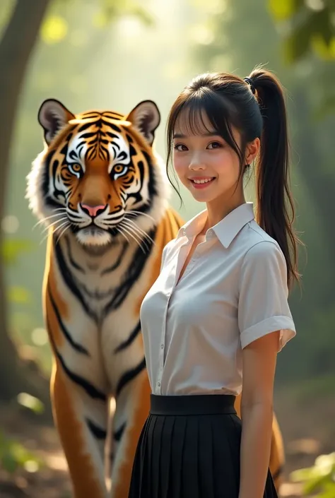 solo A beautiful young Asian woman with fair skin and delicate face with a happy expression on her face in Thai high school uniform, ponytail sky black hair,white short sleeve shirt,black pleated skirt , and black belt , and the big beautiful golden tiger ...