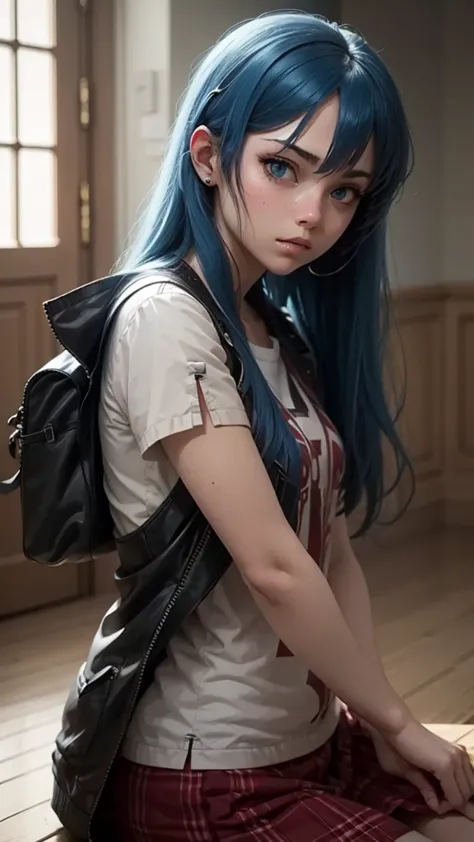 anime, sadistic, girl, conceptual art, teen, blue hair, long hair