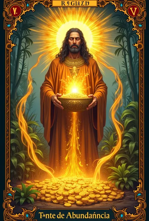 Design a tarot card titled Fonte de Abundância, featuring a radiant ancestral figure surrounded by flowing golden light and symbols of prosperity, such as coins, grains, and lush vegetation. The figure holds a glowing chalice overflowing with golden energy...