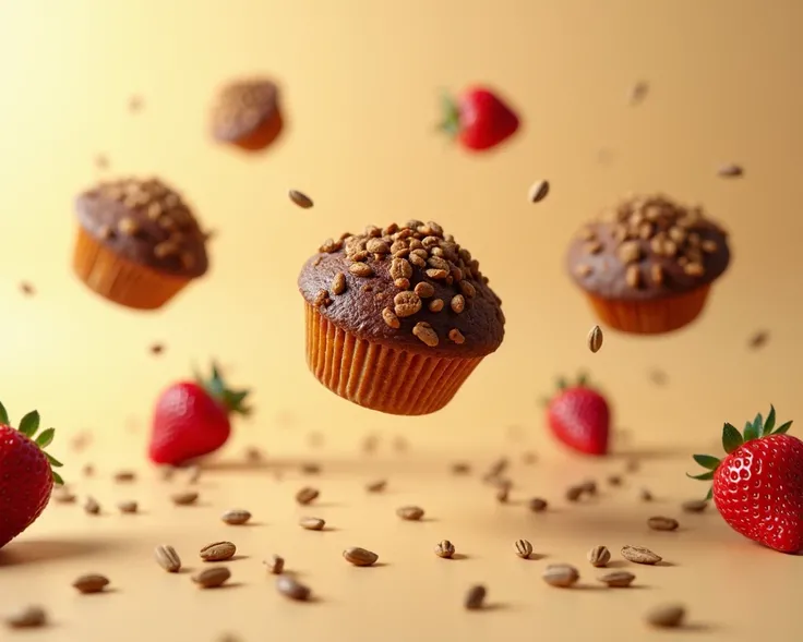 crispy oval cereal buns and flying chocolate muffins, hovering in the air,  flax grains are flying around , chia seeds , and strawberries ,  minimalist background ,  craftsmanship and autism atmosphere