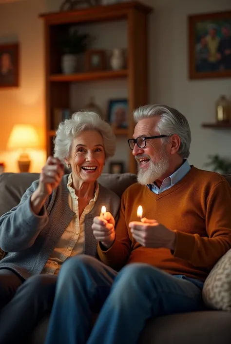  Mr. and Mrs. in their 60s trying to guess a word that begins with B. Theyre in a living room watching TV .  The man must wear a beard . They dont have gray hair 