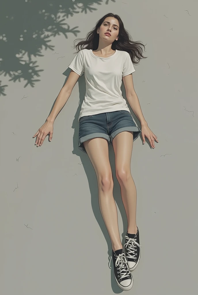  a sexy woman who dead in shorts, sneakers and shirt outside floor 