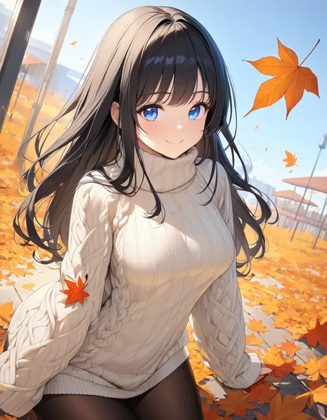 ((1girl)), (Best Quality, Very detailed,Ultra-high resolution), cute girl, (smile,  Kind eyes,blue eyes), {medium breasts,cleavage}, {black hair, semi long Hair},  ((turtleneck long sweater,knitted Sweate dress)),sleeve long sweater, thigh fit, panties und...