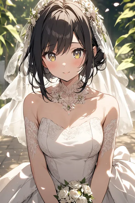 A girl with black hair and light-skinned eyes wearing a wedding dress 