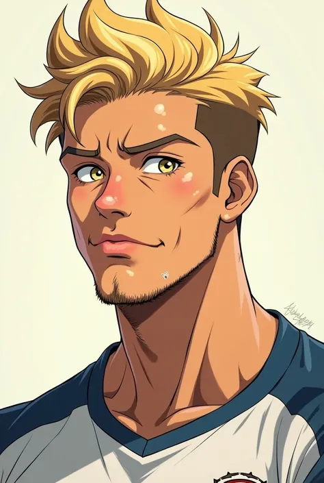 Anime of an 18-year-old blond man with light eyes with a beard, thick lips, very short hair, curpulent height and a sexball player