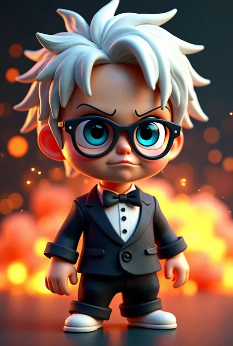  Small size Luffy 3D game logo with taksido shirt, blue eyes"white hair and cool "  glasses with an explosion effect inscribed  "OXY" on the chest 