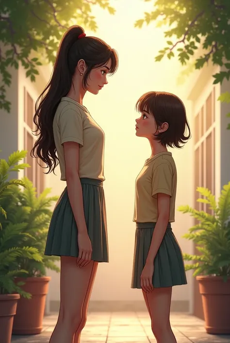 Tall girl with short girl looking each other 