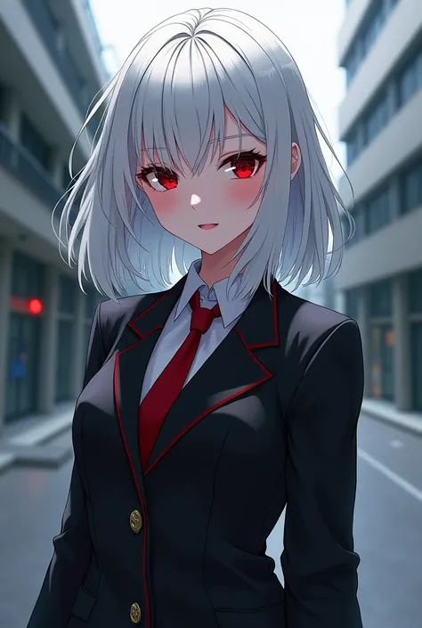 Tokyo revengers style. A beautiful high school girl wearing a black uniform with white hair and dark red eyes; smiling in a cold way