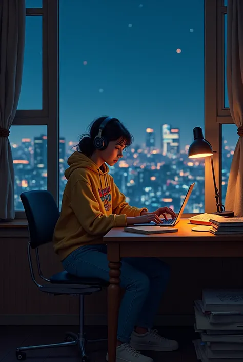 Heres a detailed description that incorporates your ideas and themes of aspiration:

In the stillness of the night, a tomboy with a determined spark in her eyes sat at her sturdy wooden study table, the glow of her laptop illuminating her focused expressio...