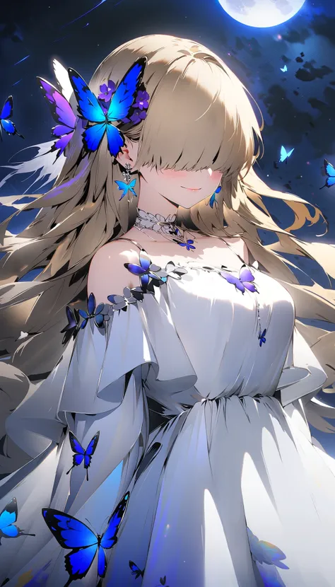 1girl, (sexy girl:1.5), long hair, golden hair, looking at another, blush, smile, closed mouth, jewelry, (cowboy shot:2.0), outdoors, earrings, white dress, hair flower, (hair over eyes:1.7), night sky, full moon, purple flower, butterfly hair ornament, bl...