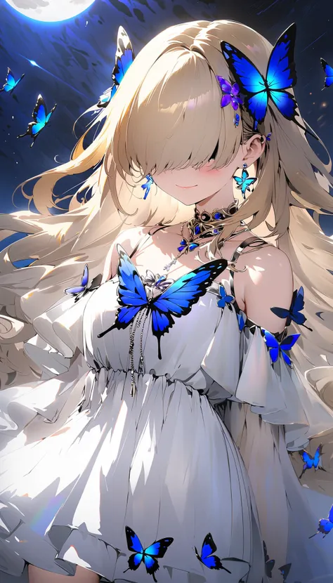 1girl, (sexy girl:1.5), long hair, golden hair, looking at another, blush, smile, closed mouth, jewelry, (cowboy shot:2.0), outdoors, earrings, white dress, hair flower, (hair over eyes:1.7), night sky, full moon, purple flower, butterfly hair ornament, bl...