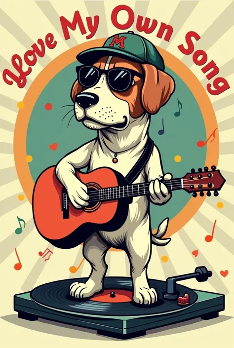 A retro-style illustration of a cool dog standing on a record player, wearing a vintage cap and sunglasses. The dog holds an acoustic guitar and is surrounded by colorful rays and music notes. The tagline I Love My Own Song is written in a funky, retro fon...