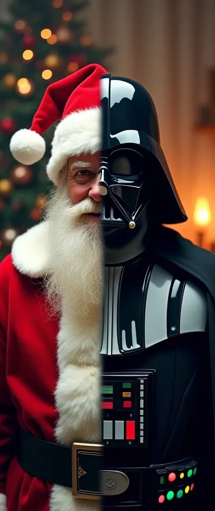 A photo of a festive scene with a twist. On the left, theres a depiction of Santa Claus with his red hat, white beard, and jolly demeanor. On the right, we see Darth Vader from the Star Wars series with his black helmet, menacing eyes, and the distinctive ...