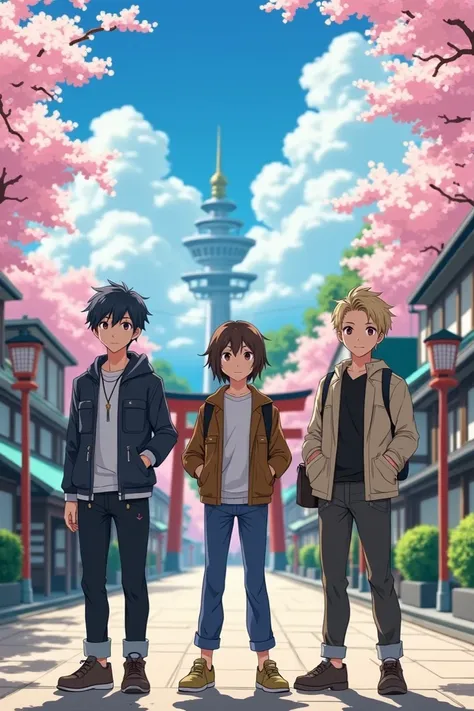 Create a 2D digital illustration in the Hayao Miyazaki cartoon drawing style. The artwork should depict three friends (two males and one female) standing side by side against a scenic Japanese background. The setting should evoke the essence of traditional...