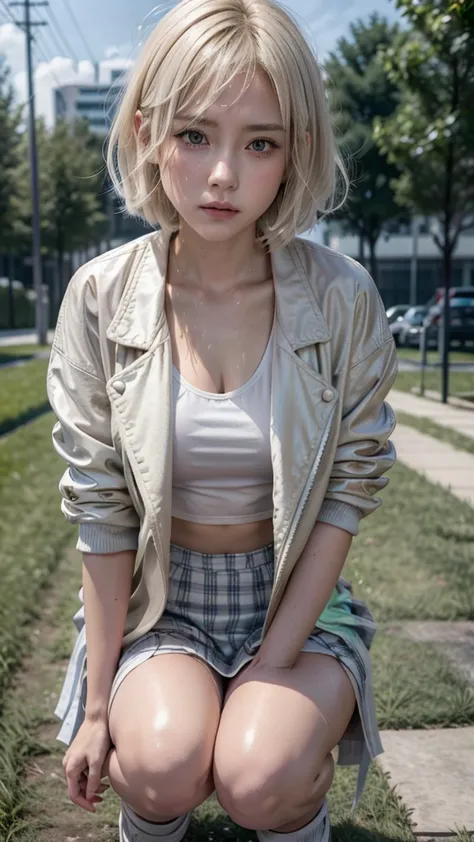 platinum blonde、 disheveled short hair 、 jacket、 skirt、white panties that are staggered to the thigh、field、squat、 legs、sit、i can...