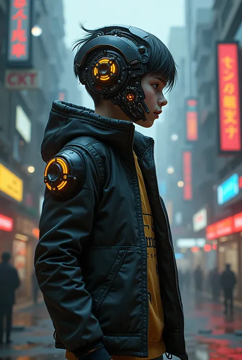 a boy with a part of his face like a robot and a robot arm in a cyberpunk city with cyberpunk robbery