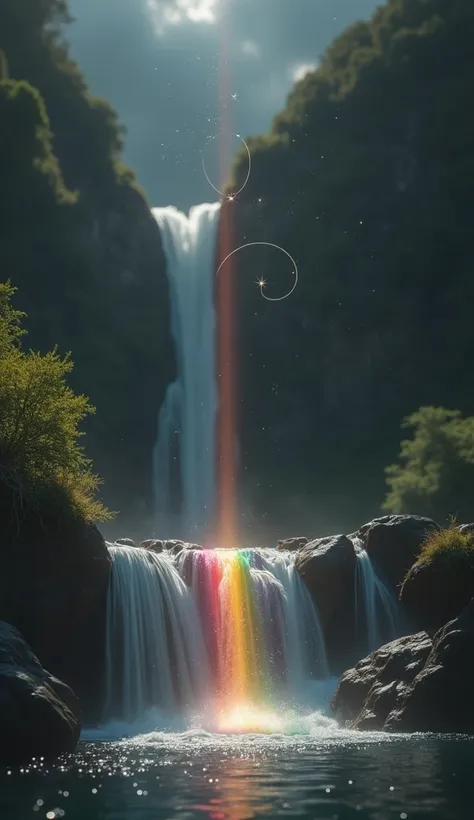 Made by AIS-RCN, 8K Photo, "words,   Beautiful Rainbow ,     popping out of the waterfall   ,         Delicate Artwork Reflections      .", Supple,     Relying on Side Lights ,         rainbow close-up    、      ,     sparkling ring star      , Colorful Cl...