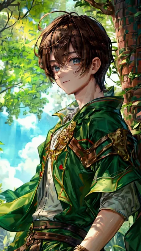 ((ultra-detailed , masterpiece, 4k)) dynamic pose, anime man, full-length, detailed eyes, kind face, brown hair, fantasy-style clothing, green colors, trees in the background