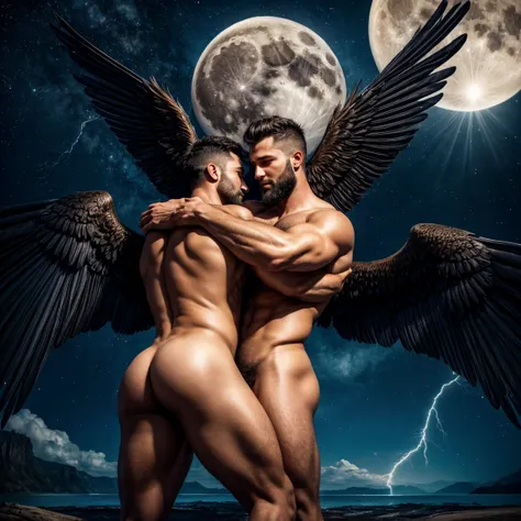 high quality, 8K Ultra HD, wide angel , from below view, shot from below, A beautiful   handsome male short beard ,  hugging another male, the muscular man with four wide branching wings, the upper two being white and the lower two black, is embracing anot...