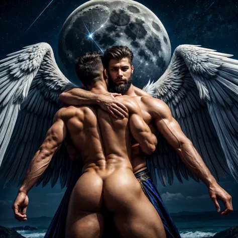 high quality, 8K Ultra HD, wide angel , from below view, shot from below, A beautiful   handsome male short beard ,  hugging another male, the muscular man with four wide branching wings, the upper two being white and the lower two black, is embracing anot...