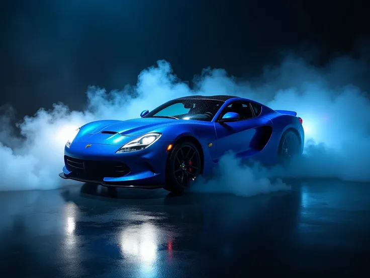 Create a dramatic scene featuring a sleek, vibrant blue American low value car, set against a dark, atmospheric backdrop. Incorporate mist and smoke swirling around the car, reflecting light to enhance its curves and details. The composition should emphasi...