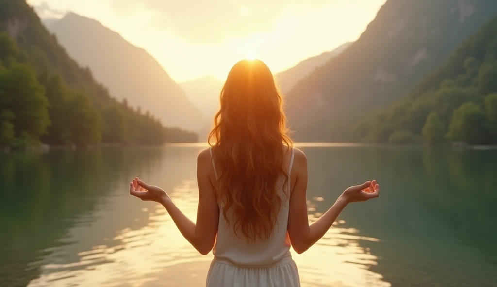 A wide shot of a serene lake surrounded by lush green mountains during sunrise, with a woman in her late 20s, with long wavy auburn hair and a serene smile, standing at the water’s edge. She looks at her reflection, her hands raised slightly in a gesture o...