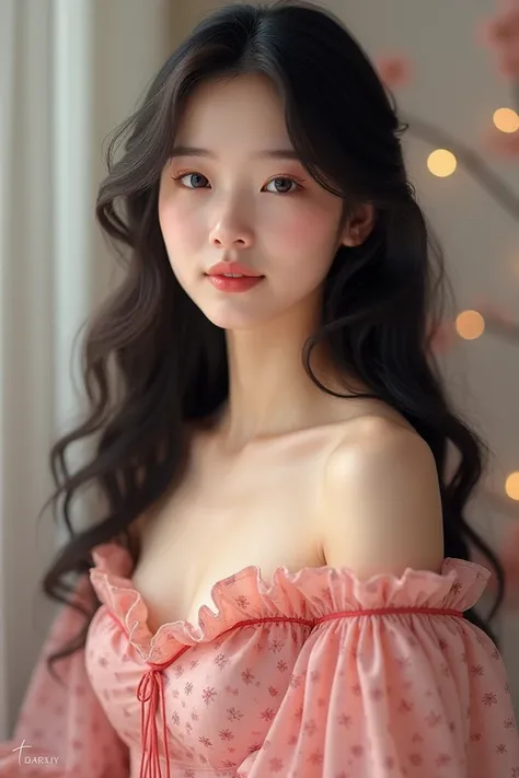 How cute she looks in a sweetheart pink floral neckline dress. Her long natural black hair loosens down over her shoulder just to make it better. 