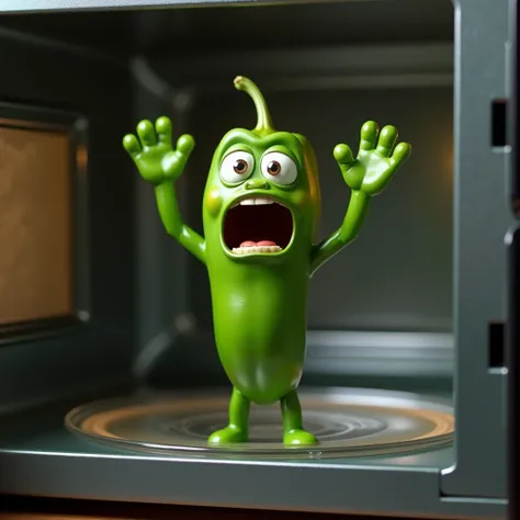 A highly realistic close-up image of a vibrant green chili standing upright inside an open microwave. The chili has a smooth, natural surface with slight texture variations, and its fresh green color appears slightly enhanced by the glow of the microwaves ...