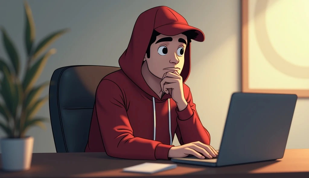 Creat animation .A man of 30 years old  with hood cap ( red)
  sitting on chair al and a table with laptop and eyes should be ahead. .looking ahead man look to me