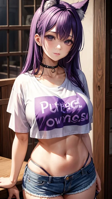 Beautiful girl purple hair huge breasts wearing a crop top t-shirt wearing a shorts sexy post in the farmhouse.