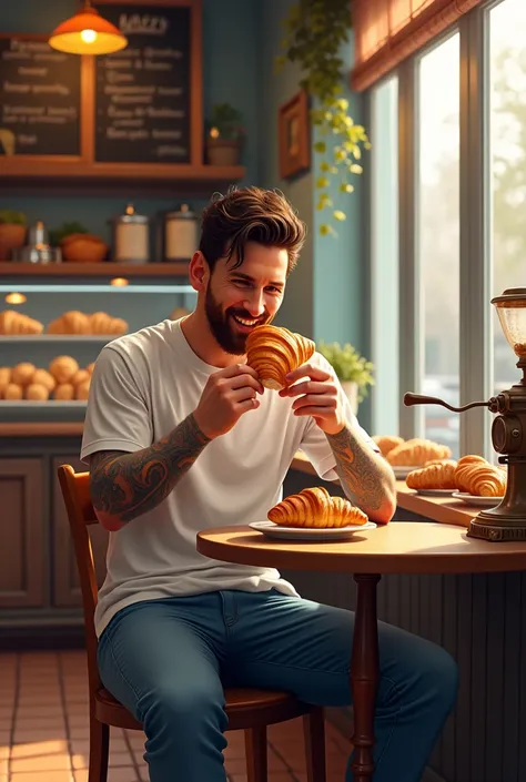 Make Leonel Messi eating a croissant in a bakery in France  