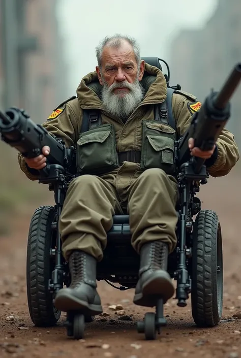 Old man in Electric wheelchair with left and right machine guns realistic firing wearing military uniform 