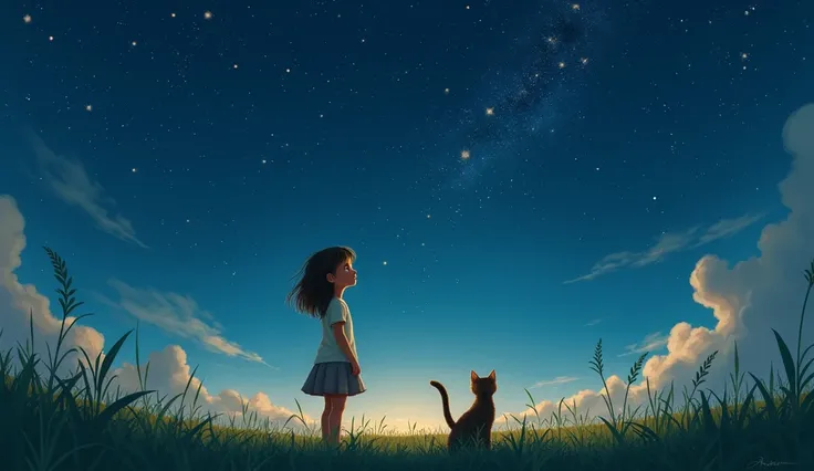 1.	Maya loved looking at the stars.
o	"A young girl with bright eyes gazing at a starry night sky, full of twinkling stars, standing in a grassy field with her cat beside her, under a dark blue sky."
