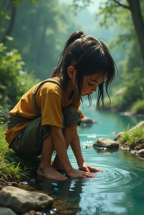 girl drinks water by the stream, torn clothes, dirty clothes