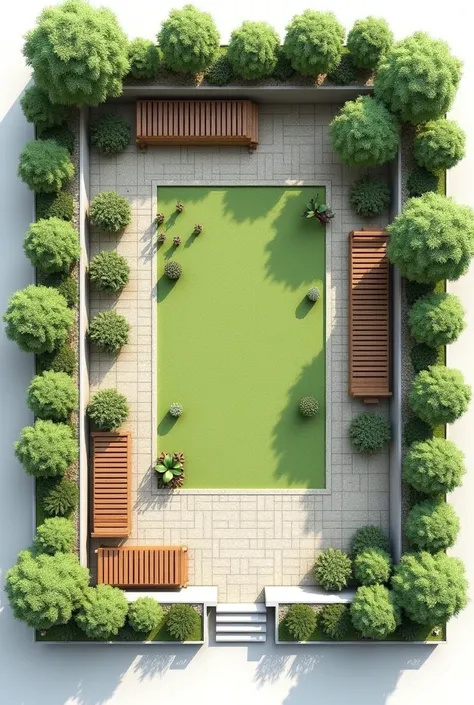 diseños de croquis o planos en 3d para un jardin con las siguientes descripciones Para 130 s:  Minimum interior area : 130 s × 3 m²/ =  390 m²  Área exterior mínima: 130 s × 6 m²/ =  780 m²  Área total mínima requerida:  390 m²  +  780 m²  = 1,170 m²  ( ap...