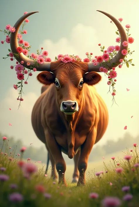 Create an image of a cow with large horns and full of flowers on the horn