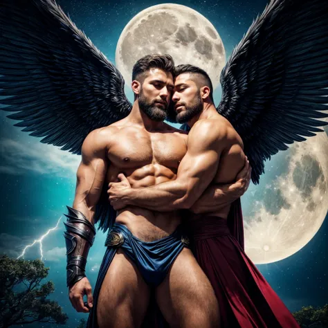 high quality, 8K Ultra HD, wide angel , from below view, shot from below, A beautiful   handsome male short beard ,  hugging another male, the muscular man with four wide branching wings, the upper two being white and the lower two black, is embracing anot...