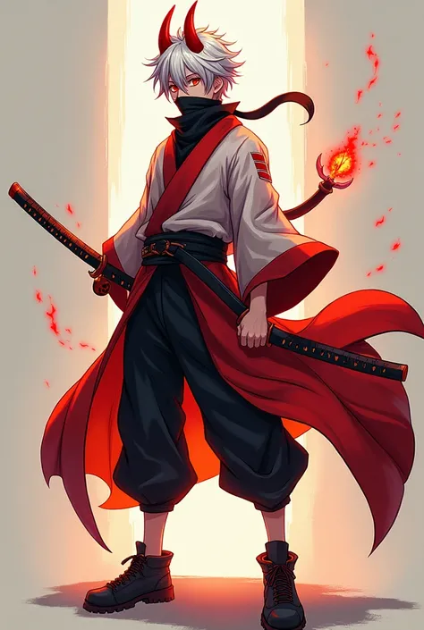 anime boy, , height 1,93,  messy white hair, Little red horns , red and white kimono , black ronin pants ,  bandana black ninja cap covering the mouth,  black boots ,  fireblade katana ,  red eye 