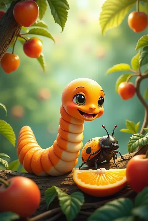 Cheerful worm and his beetle friend eating fruit on a tree