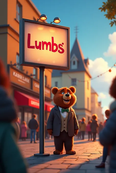 On the cinema billboard is a picture of a happy bear in a suit with lumps written on it and people queuing to buy tickets.