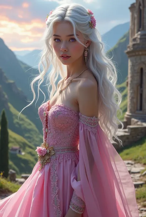 make a girl with silver white hair and pink medieval dress, make her eyes deep purple. make it realistic 