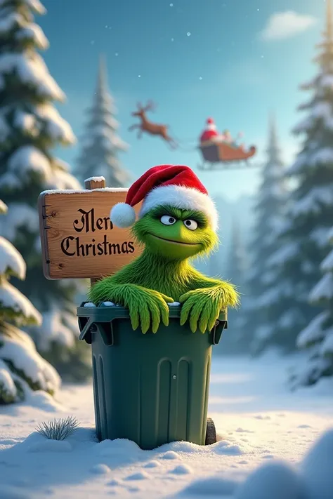 Oscar the grouch in his thrash can with christmas hat in a winter snowy forest besides the sleigh and the reindeers. 

A board behind him says MERY CHRISTMAS 2024