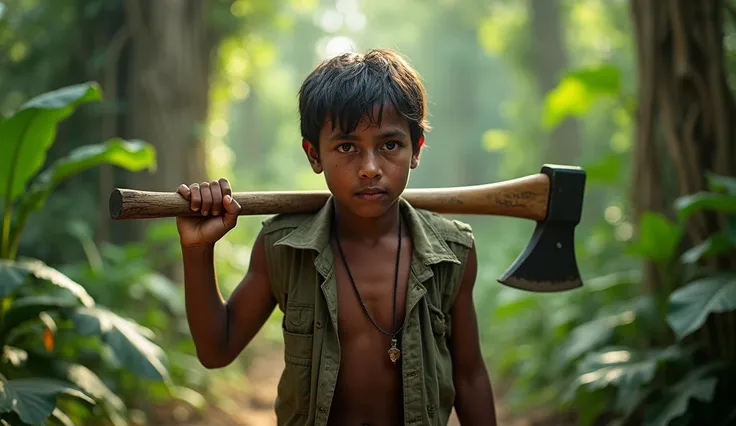 A very clear ultra hd dynamic image of "A poor boy 20 years old with an ax on his shoulder at jungle"