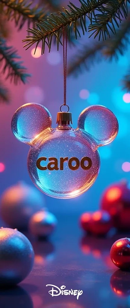 A photo of a hanging ornament in the shape of Mickey Mouses head. The ornament is transparent with a dark background and displays the name caroo in golden letters. Surrounding the main ornament are various other spherical decorations of varying sizes, colo...